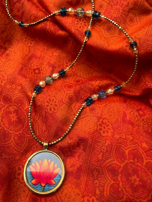 Ethnic Soul Collective hand painted Lotus necklace brass and glass frame hand beaded with Czech glass and brass beads 43cm length