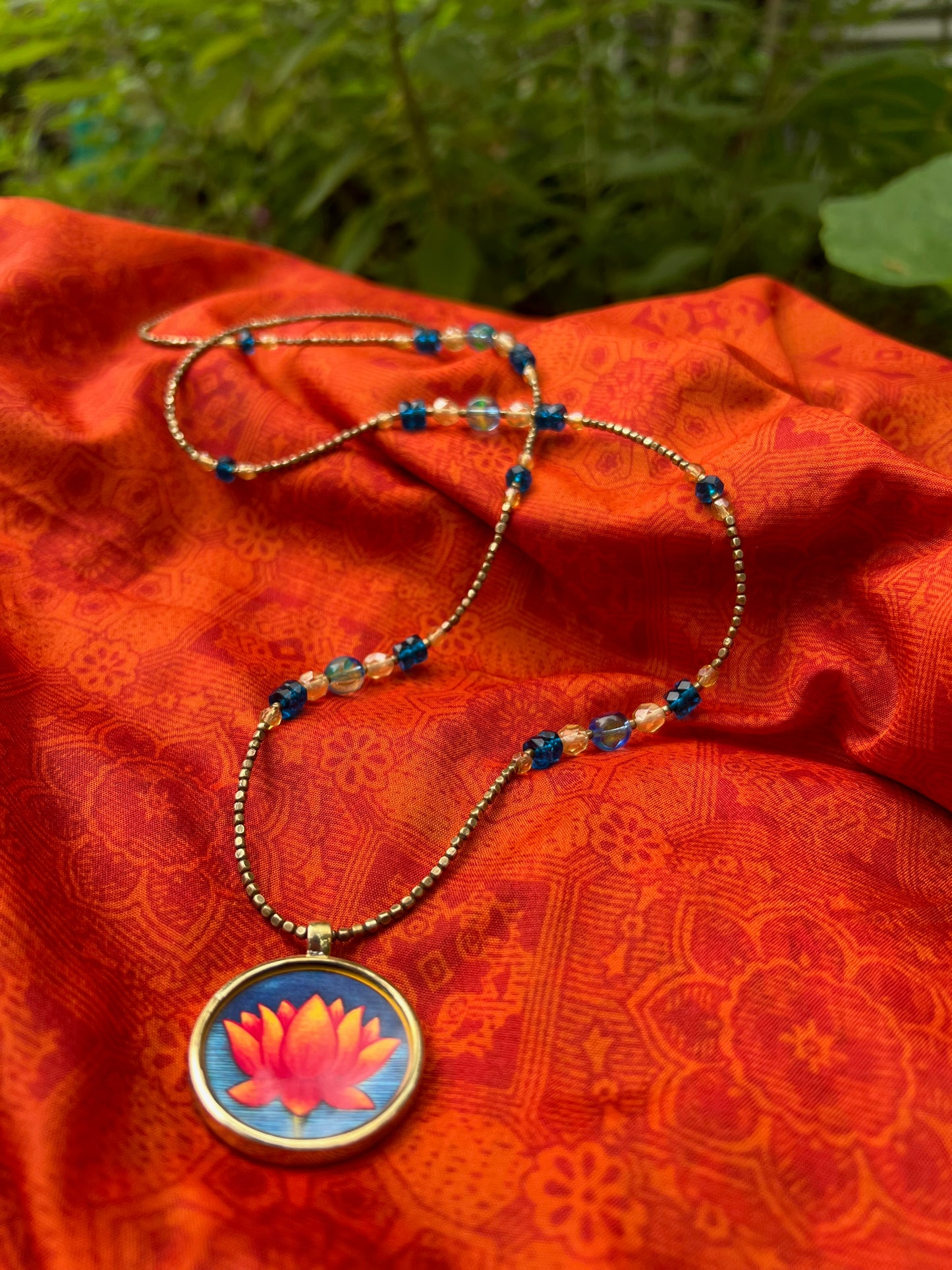 Ethnic Soul Collective hand painted Lotus necklace with brass and glass frame hand beaded with Czech glass and brass beads 43cm length