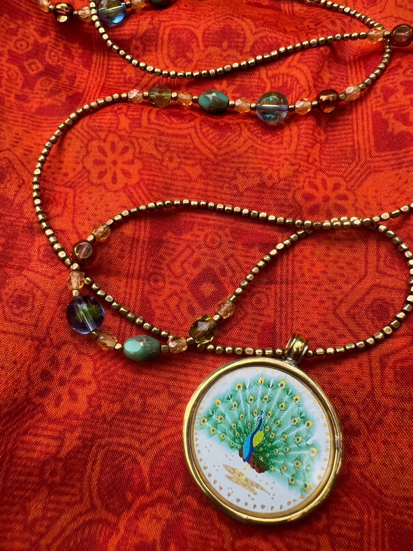 Ethnic Soul Collective hand painted Peacock necklace brass and glass frame hand beaded with Czech glass and brass beads 50cm length