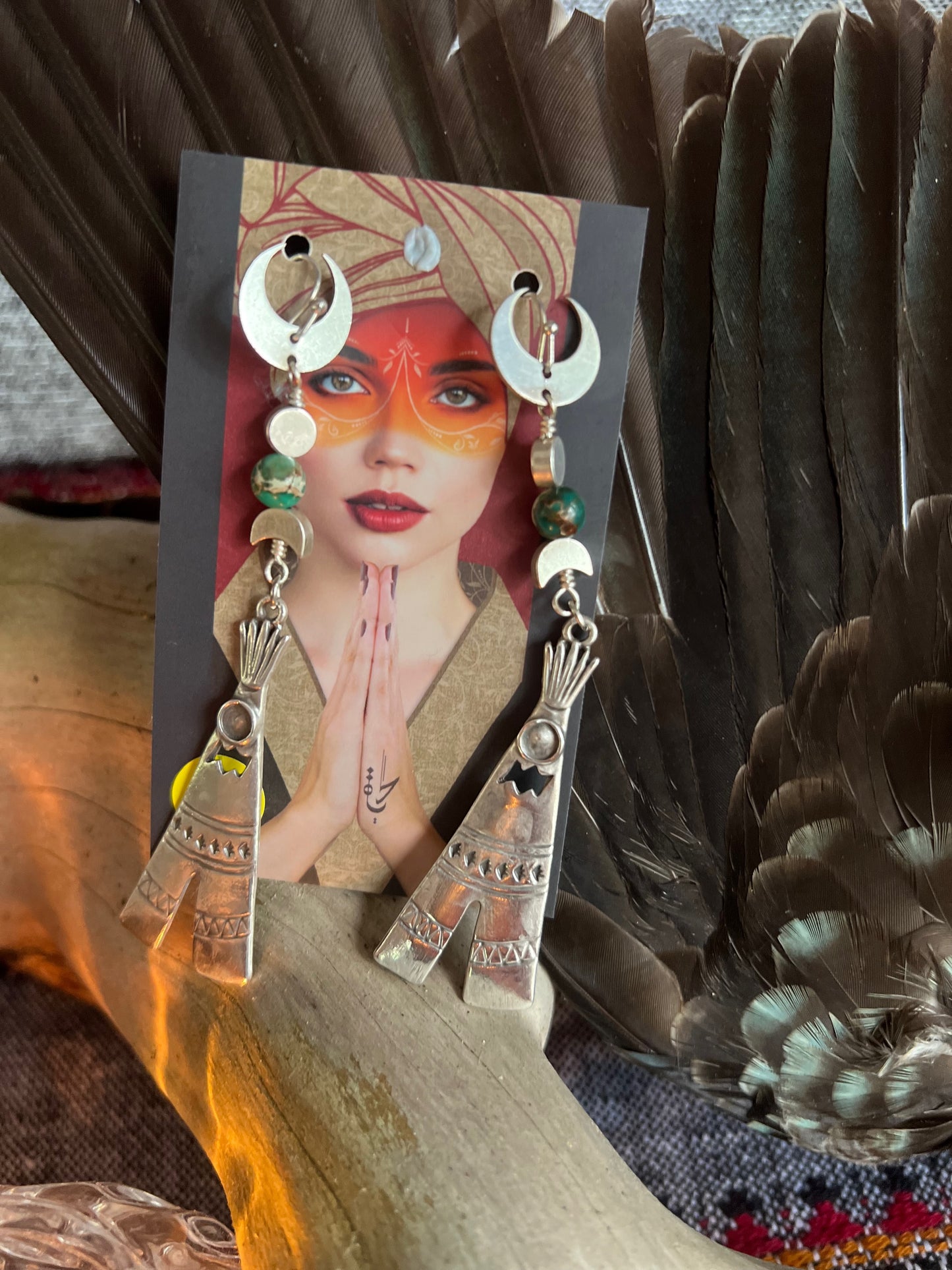 Ethnic Soul Collective silver-plated moon and tipi earrings with semi-precious Ocean Jasper 9.5cm long handcrafted lightweight design