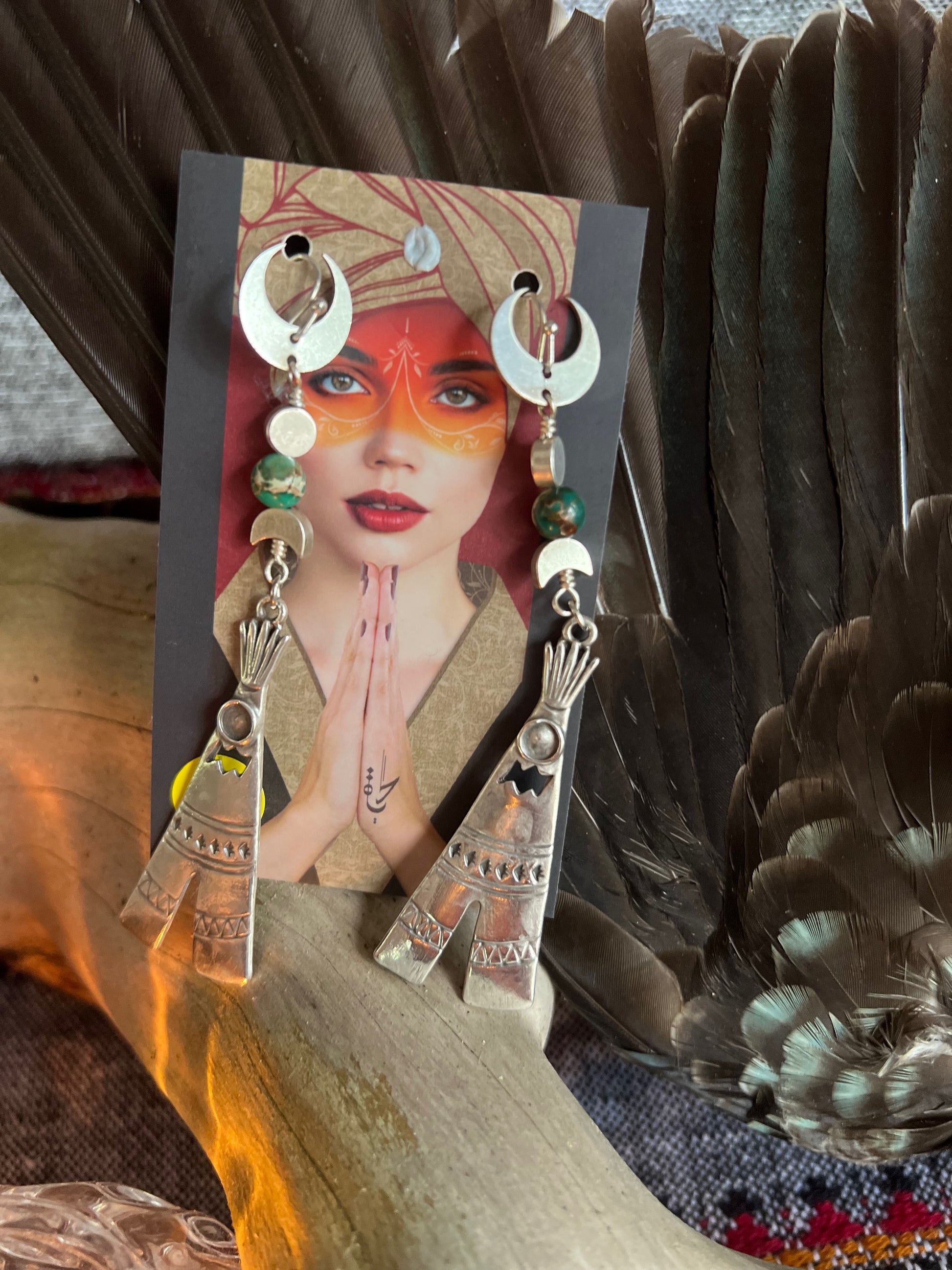 Ethnic Soul Collective silver-plated moon and tipi earrings with semi-precious Ocean Jasper 9.5cm long handcrafted lightweight design