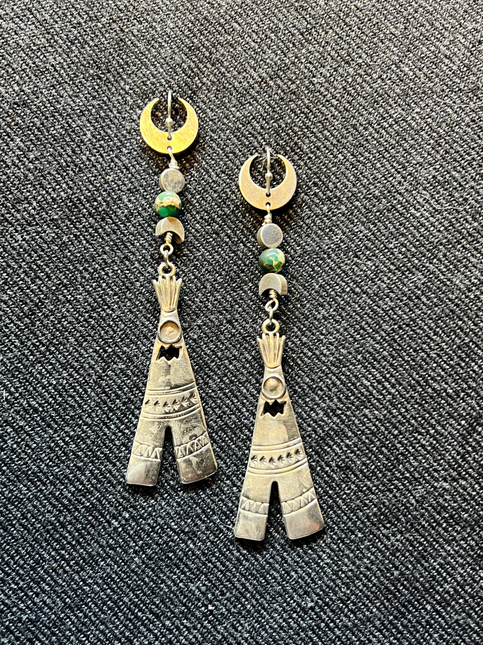 Ethnic Soul Collective silver-plated moon and tipi earrings with semi-precious Ocean Jasper 9.5cm long handcrafted lightweight design