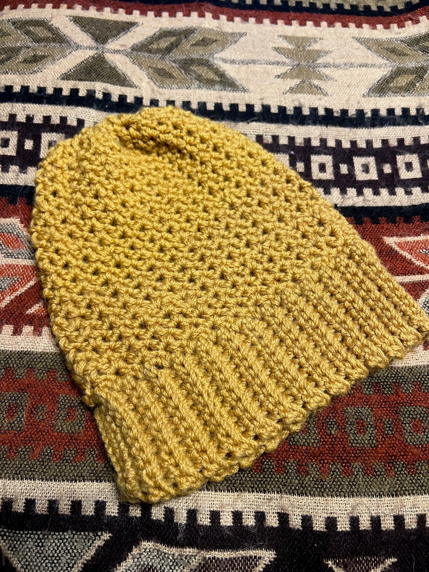 Ethnic Soul Collective mustard fitted beanie hand crocheted 100 percent natural fibre 40cm circumference 23cm height