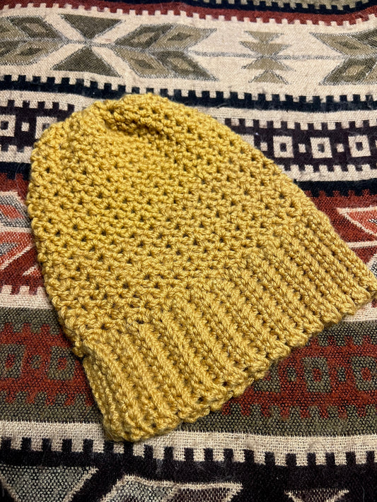 Ethnic Soul Collective mustard fitted beanie hand crocheted 100 percent natural fibre 40cm circumference 23cm height