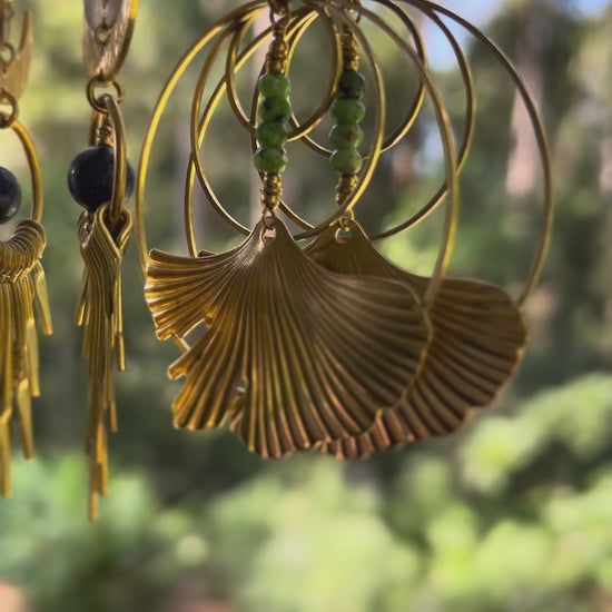 Ethnic Soul Collective brass hoop earrings with three crescent moons and dangling brass beads – 8.5cm long with brass leaf hooks