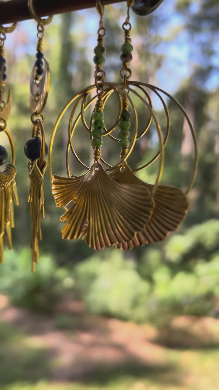 Ethnic Soul Collective brass hoop earrings with three crescent moons and dangling brass beads – 8.5cm long with brass leaf hooks