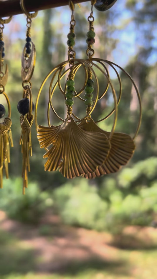 Ethnic Soul Collective brass hoop earrings with three crescent moons and dangling brass beads – 8.5cm long with brass leaf hooks