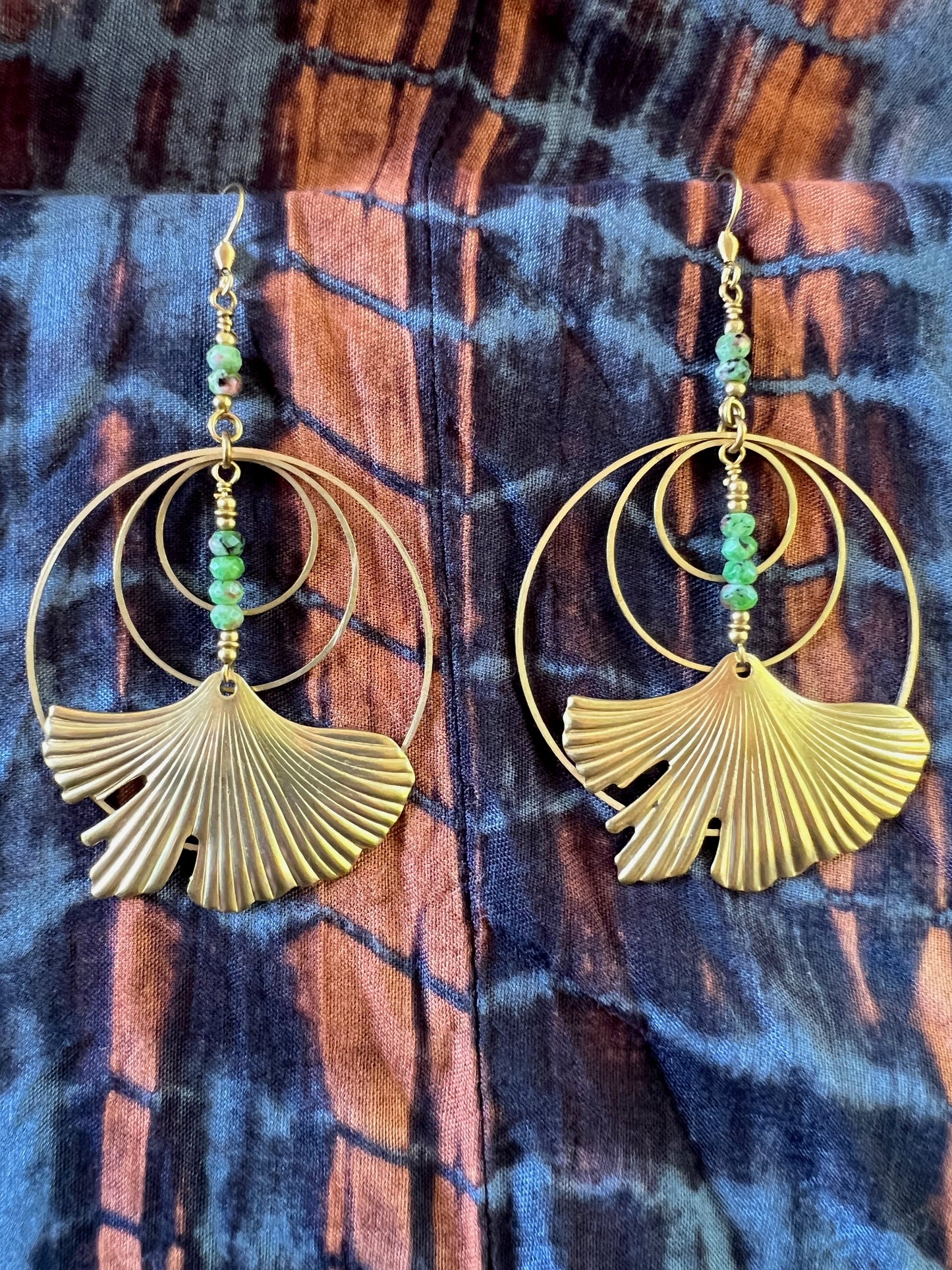 Ethnic Soul Collective brass hoop earrings with ruby zoisite faceted beads and gingko leaf – 9.5cm long