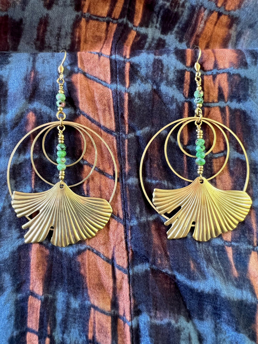 Ethnic Soul Collective brass hoop earrings with ruby zoisite faceted beads and gingko leaf – 9.5cm long