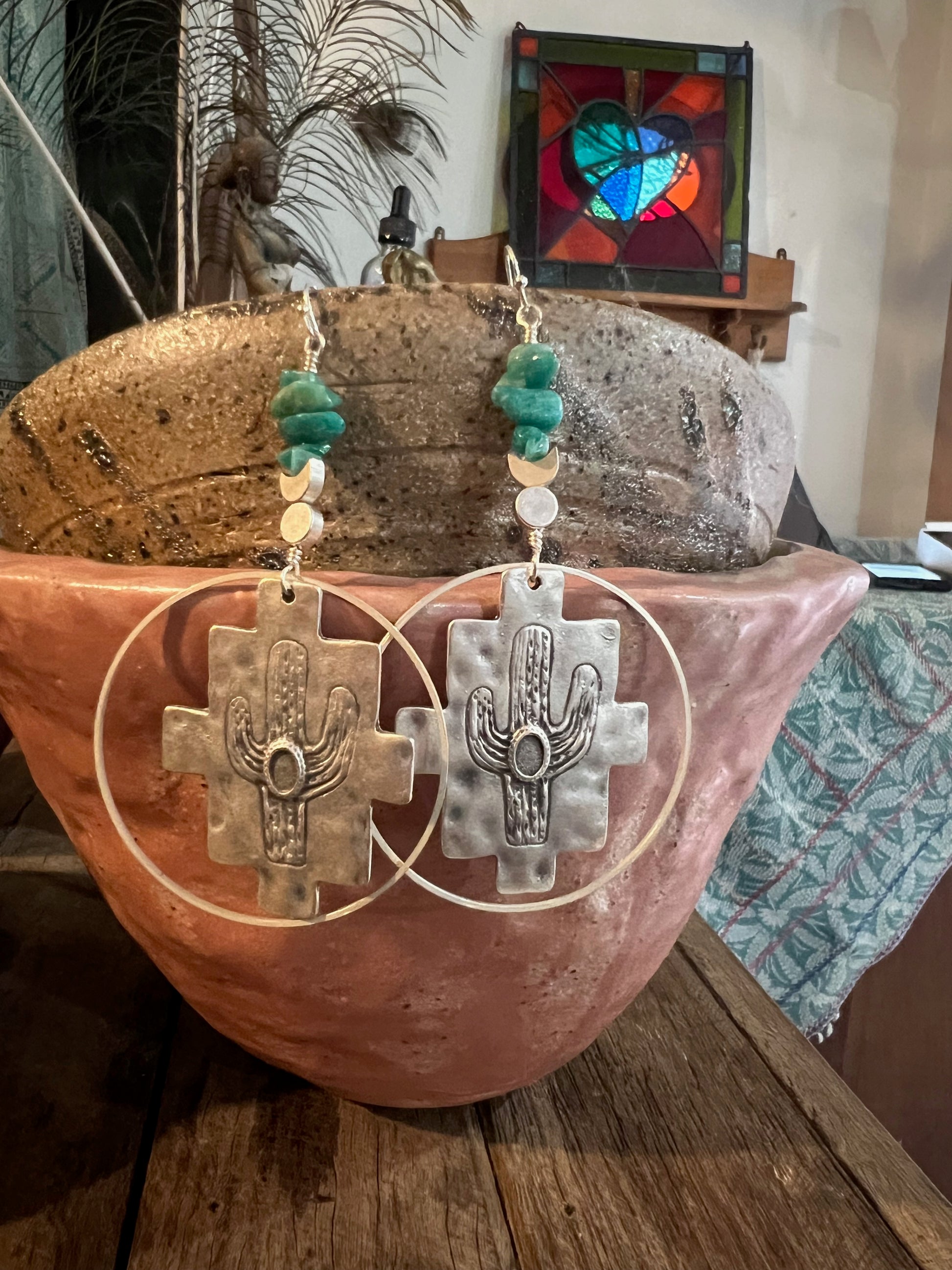 Ethnic Soul Collective silver-plated cactus earrings with Russian Amazonite 9.5cm long handcrafted lightweight design