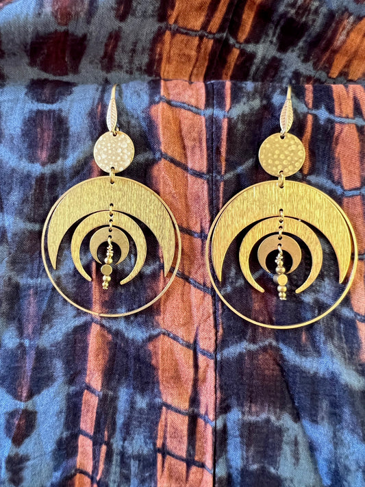 Ethnic Soul Collective brass hoop earrings with three crescent moons and dangling brass beads – 8.5cm long with brass leaf hooks